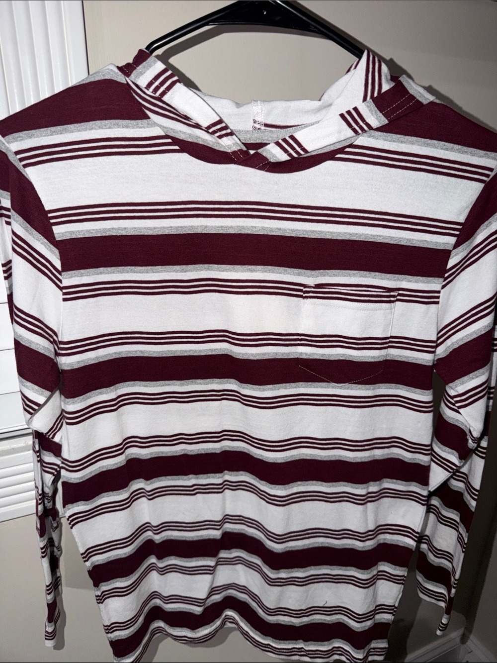 Kids Striped Hooded Long-Sleeve Top in White and Burgundy